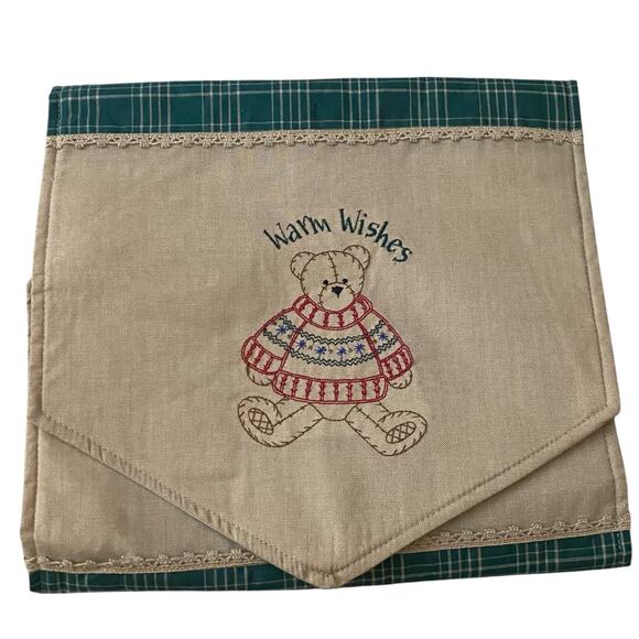 Vintage table runner for side table that reads “Warm Wishes” w teddy bear design - Picture 7 of 16
